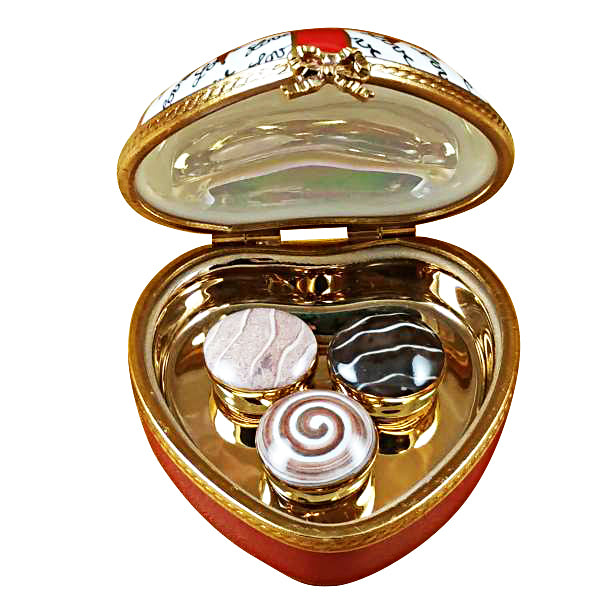 Load image into Gallery viewer, Rochard "Heart with Red Bow & Three Candies" Limoges Box