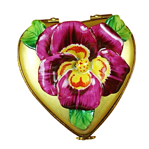 Load image into Gallery viewer, Rochard "Pansy on Gold Heart" Limoges Box