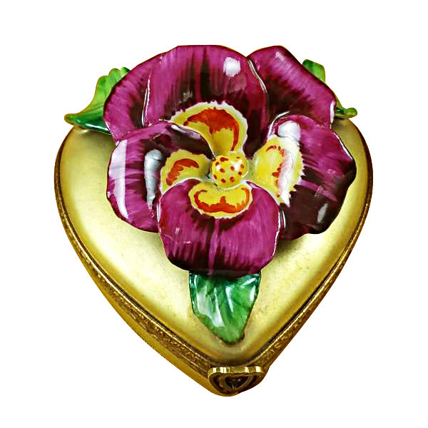 Load image into Gallery viewer, Rochard "Pansy on Gold Heart" Limoges Box