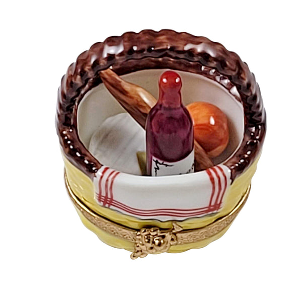 Load image into Gallery viewer, Rochard "Yellow Picnic Basket with Bread, Wine, Cheese And Fruit" Limoges Box