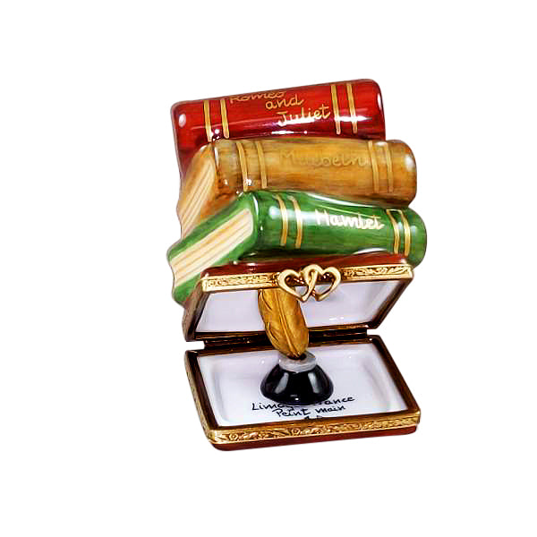 Load image into Gallery viewer, Rochard "Shakespeare Stack Of Books with Removable Porcelain Inkwell and Brass Feather" Limoges Box