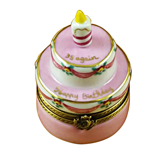 Load image into Gallery viewer, Rochard "Pink Birthday Cake with Candle - "39 AGAIN"" Limoges Box