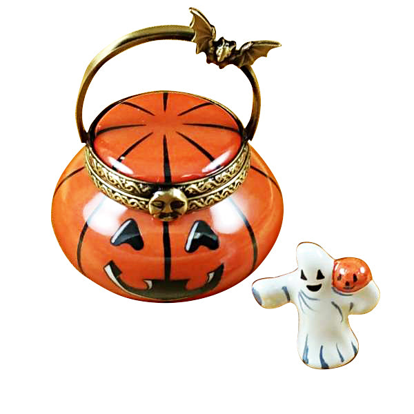 Load image into Gallery viewer, Rochard "Jack O Lantern Pail with Removable Ghost" Limoges Box