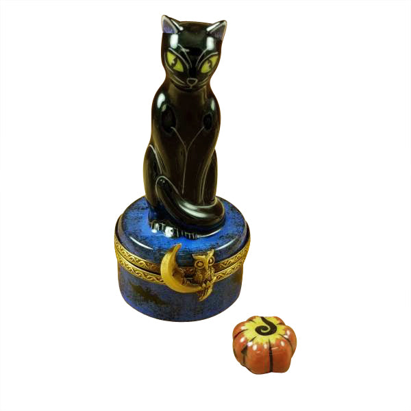 Load image into Gallery viewer, Rochard "Black Cat on Night Sky Scene with Removable Pumpkin" Limoges Box