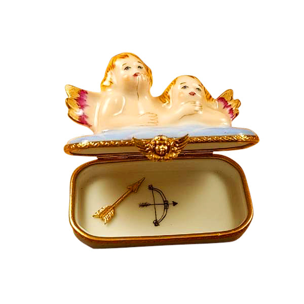 Load image into Gallery viewer, Rochard "Two Angels on Blue Base with Removable Arrow" Limoges Box