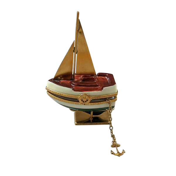 Load image into Gallery viewer, Rochard "Sailboat with Brass Sails and Stand with Removable Anchor" Limoges Box