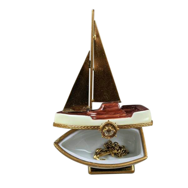 Load image into Gallery viewer, Rochard "Sailboat with Brass Sails and Stand with Removable Anchor" Limoges Box