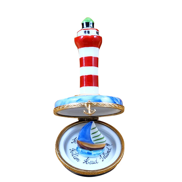 Load image into Gallery viewer, Rochard "Hilton Head Lighthouse with Removable Porcelain Sailboat" Limoges Box