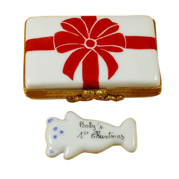 Load image into Gallery viewer, Rochard "Gift Box with Red Bow - Baby's First Christmas - Blue" Limoges Box