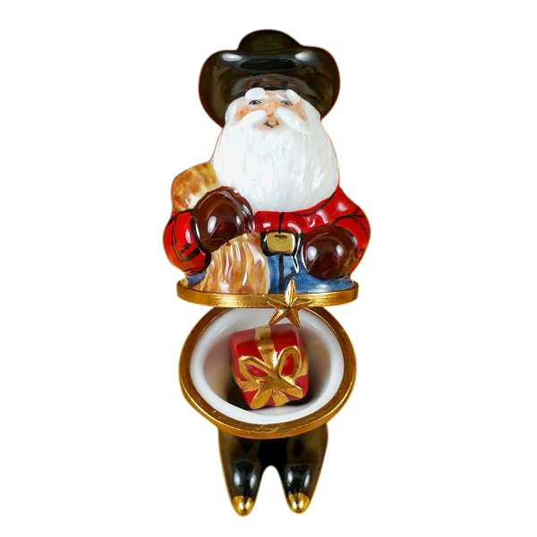 Load image into Gallery viewer, Rochard "Santa with Cowboy Hat, Boots, Rope & Removable Porcelain Present" Limoges Box