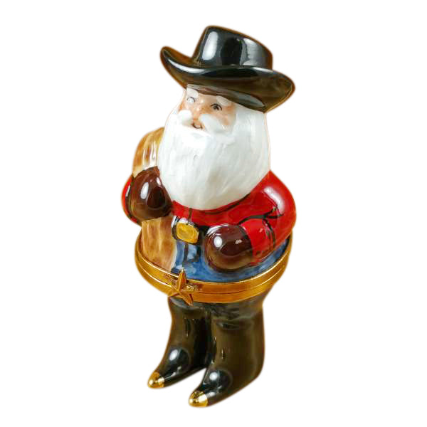 Load image into Gallery viewer, Rochard "Santa with Cowboy Hat, Boots, Rope & Removable Porcelain Present" Limoges Box