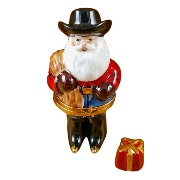 Load image into Gallery viewer, Rochard "Santa with Cowboy Hat, Boots, Rope & Removable Porcelain Present" Limoges Box