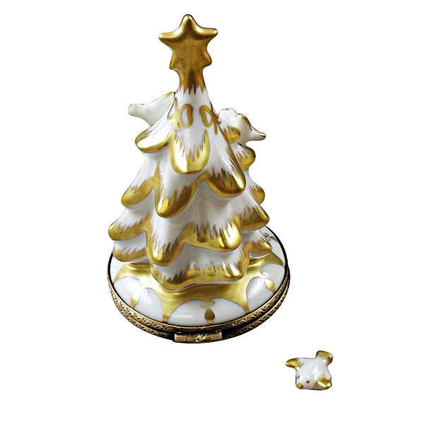 Load image into Gallery viewer, Rochard "White and Gold Christmas Tree with Removable Dove" Limoges Box
