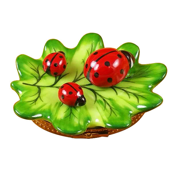 Load image into Gallery viewer, Rochard "Green Leaf with Three Ladybugs" Limoges Box