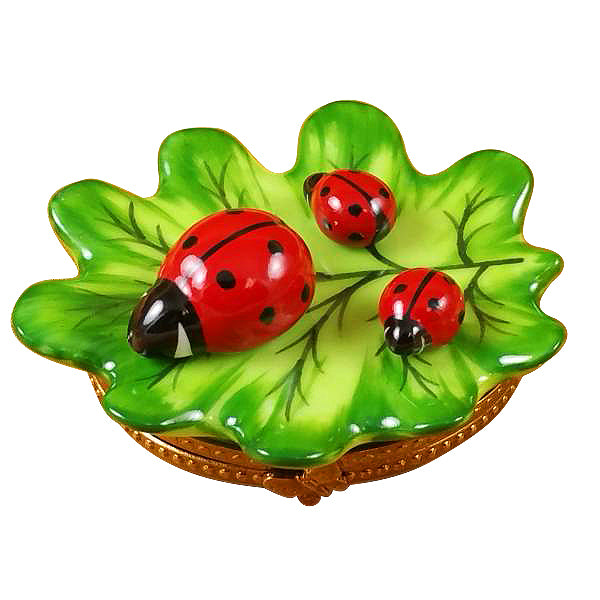 Load image into Gallery viewer, Rochard "Green Leaf with Three Ladybugs" Limoges Box