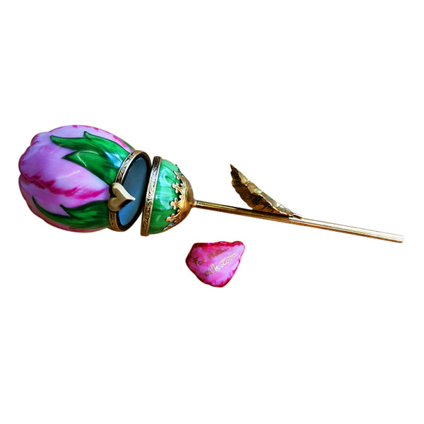 Load image into Gallery viewer, Rochard "Pink Long Stem Rose with Removable Petal" Limoges Box