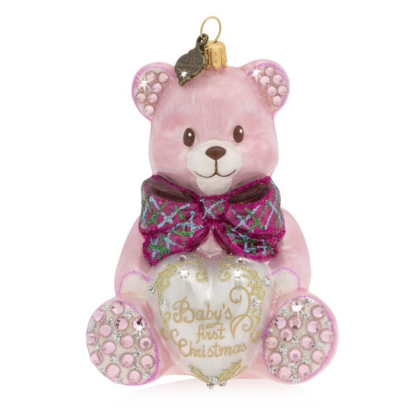 Load image into Gallery viewer, Jay Strongwater Baby's First Christmas Teddy Glass Ornament - Pink