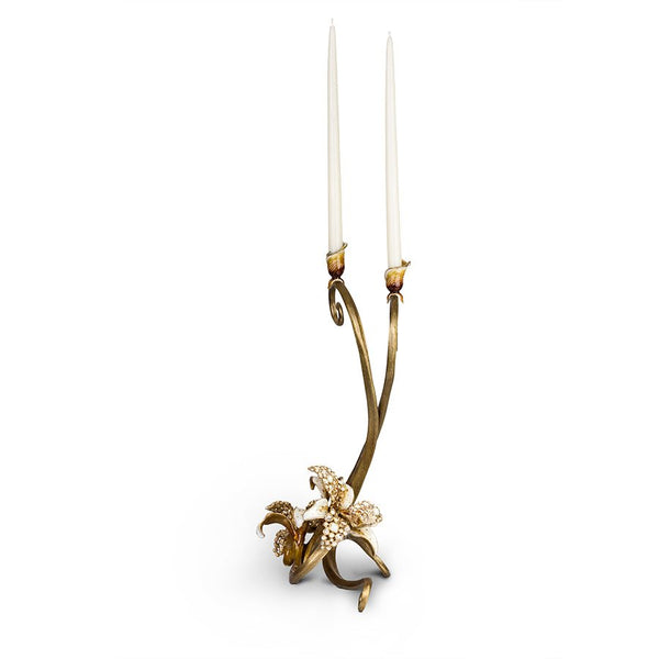 Load image into Gallery viewer, Jay Strongwater Roselyn Orchid Double Candlestick - Golden