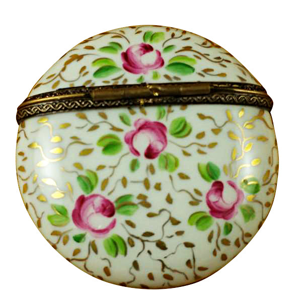 Load image into Gallery viewer, Round with Gold and Pink Flowers Limoges Box