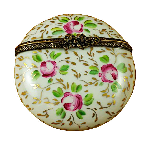 Load image into Gallery viewer, Round with Gold and Pink Flowers Limoges Box