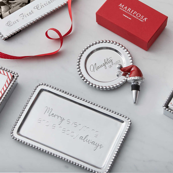 Load image into Gallery viewer, Mariposa Red Santa Hat & "Naughty or Nice" Wine Plate Set