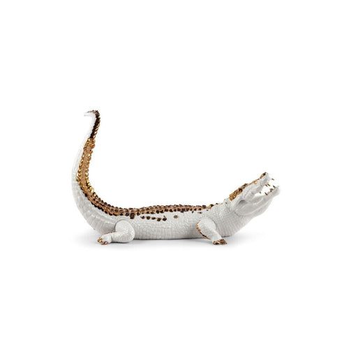 Lladro Crocodile Sculpture - White and Copper
