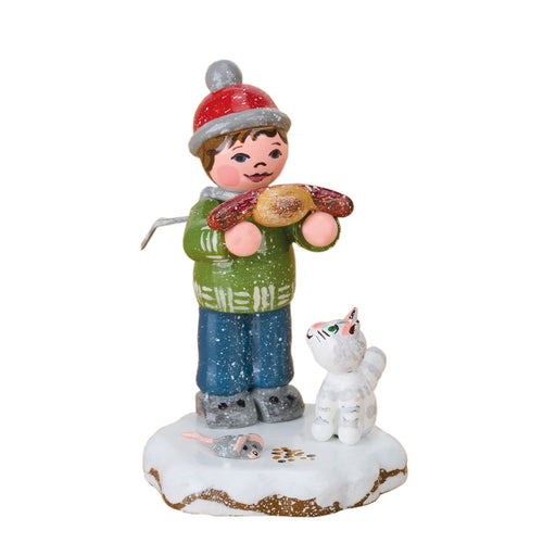 Hubrig Volkskunst Winter Boy wth Sausage and Cat 6cm Figurine