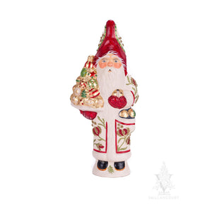 Vaillancourt Folk Art - White Father Christmas Holding Gold Ornaments - Chalkware Figurine
