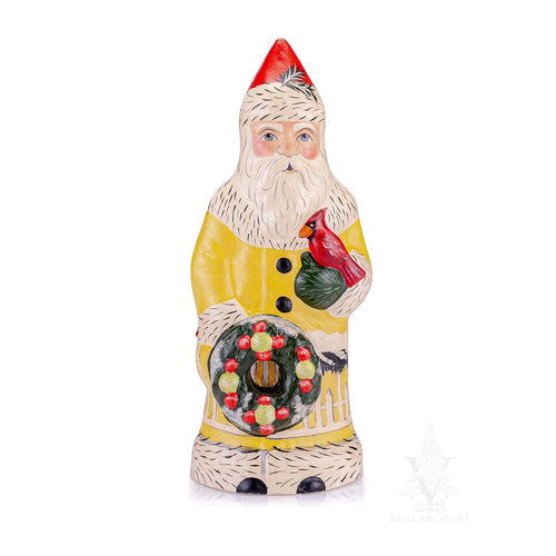 Vaillancourt Folk Art - Colonial Santa in Yellow with Wreath and Cardinals - Chalkware Figurine