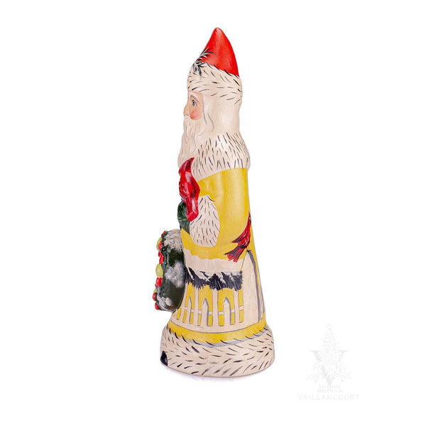 Load image into Gallery viewer, Vaillancourt Folk Art - Colonial Santa in Yellow with Wreath and Cardinals - Chalkware Figurine
