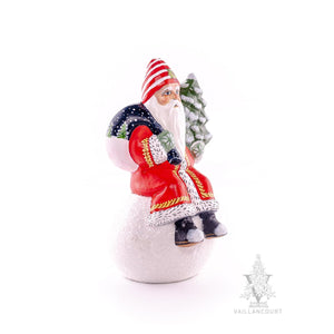 Vaillancourt Folk Art - Traditional Red Coat Santa on Snowball - Chalkware Figurine