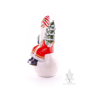 Vaillancourt Folk Art - Traditional Red Coat Santa on Snowball - Chalkware Figurine