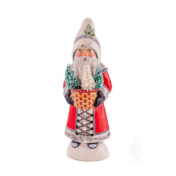 Load image into Gallery viewer, Vaillancourt Folk Art - Red Santa With Woven Basket of Trees - Chalkware Figurine

