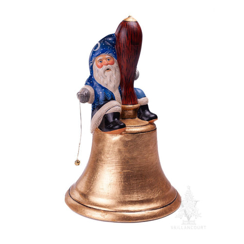 Vaillancourt Folk Art - Midnight Sky Santa on School Bell - Chalkware Figurine