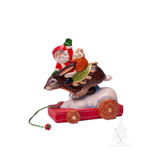 Vaillancourt Folk Art - Santa on Rabbit Pull Toy - Chalkware Figurine