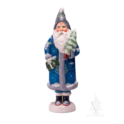 Vaillancourt Folk Art - Blue Santa with Tree - Chalkware Figurine