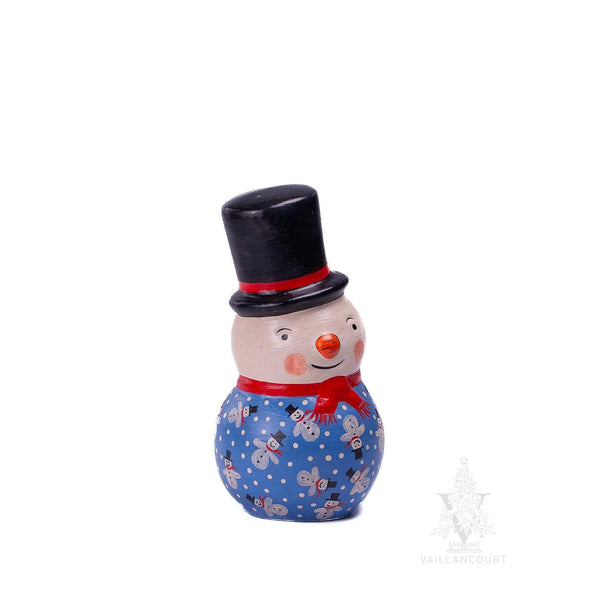 Load image into Gallery viewer, Vaillancourt Folk Art - Top Hat Snowman in Blue Sweater - Chalkware Figurine
