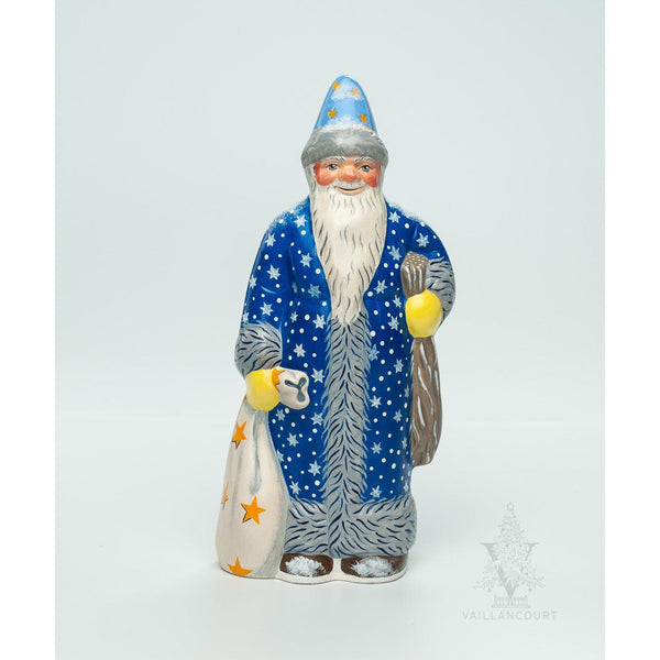 Load image into Gallery viewer, Vaillancourt Folk Art - Blue Star Coat Santa - Chalkware Figurine
