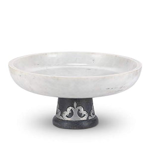 GG Collection White marble bowl on gray-washed metal-inlay pedestal