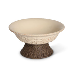 GG Collection Cream Ceramic 9.5-Inch Dia. Bowl with Acanthus Leaf Scrolled Metal Base