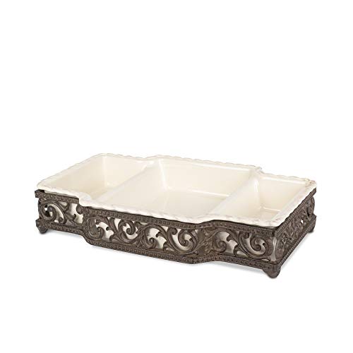 GG Collection 3-Part stonewr Dish/Metal Base Other Decor, 15InL x 10InW x 3InH, Cream