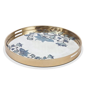 GG Collection Large Mirror with Grand Floral Etched Pattern on Round Decorative Tray/Wall Décor
