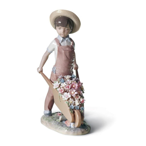 Lladro Wheelbarrow with Flowers Boy Figurine