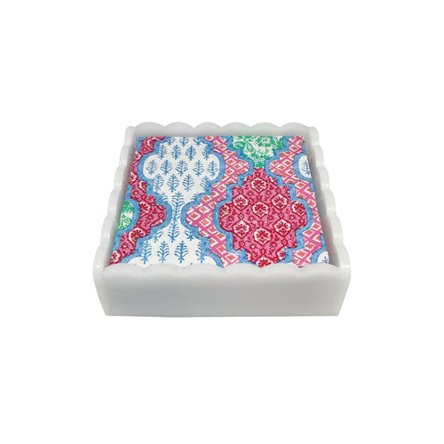 Mariposa Provençal Cotton Pink White Scalloped Cocktail Napkin Box Set