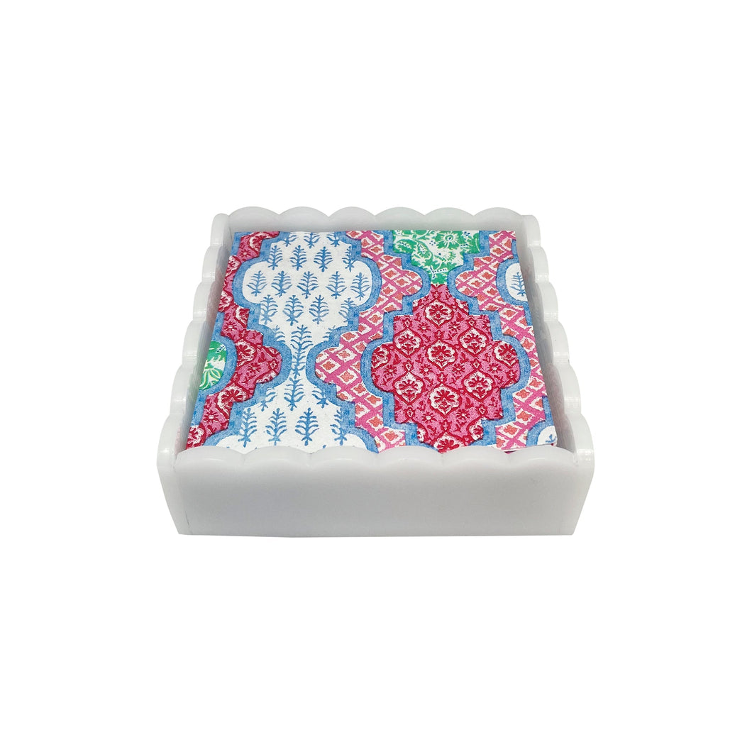 Mariposa Provençal Cotton Pink White Scalloped Cocktail Napkin Box Set