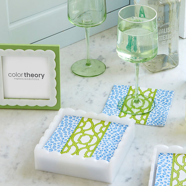 Load image into Gallery viewer, Mariposa Knots And Spots White Scalloped Cocktail Napkin Box Set
