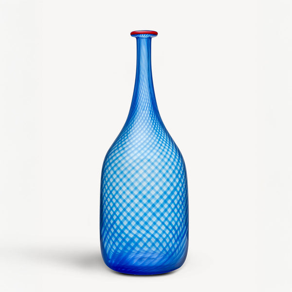 Load image into Gallery viewer, Kosta Boda Red Rim Blue Bottle
