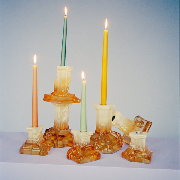Load image into Gallery viewer, Kosta Boda Rocky Baroque Candlestick Amber Haze Large
