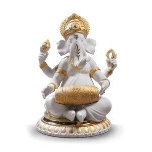 Lladro Mridangam Ganesha Figurine - Golden Lustre