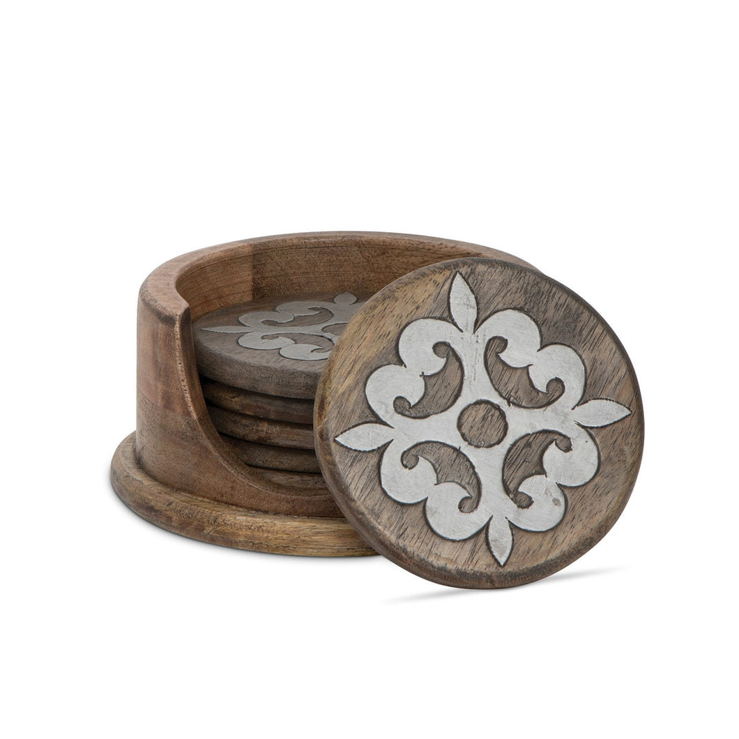 GG Collection Heritage Inlay Wood Coaster Set, Set of 6 with Holder